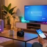 Banda LED flexibile iluminând un living modern, adăugând un ambient plăcut.