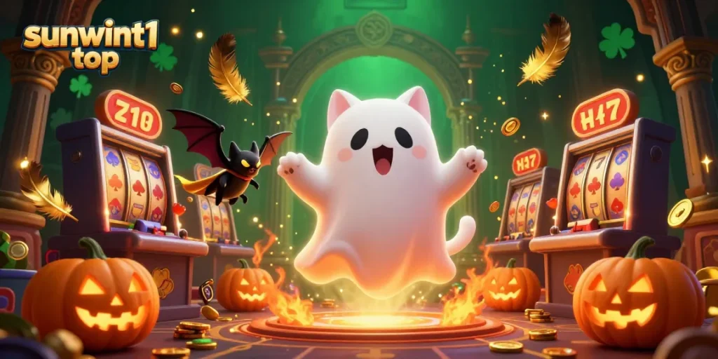Experience thrilling jackpots with sunwint1 top in this dynamic 3D casino scene featuring a ghost cat and riches.