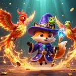 Engage in the mystical 11win adventure featuring a wizard fox and a fiery phoenix in a dynamic casino scene.