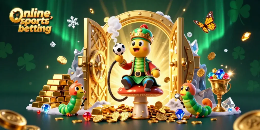 Experience online sports betting excitement with vibrant 3D illustration of a caterpillar master in a sports-themed scene.