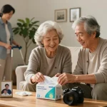 Experience the comfort of adult incontinence supplies with a supportive elderly couple in a cozy living room setting.