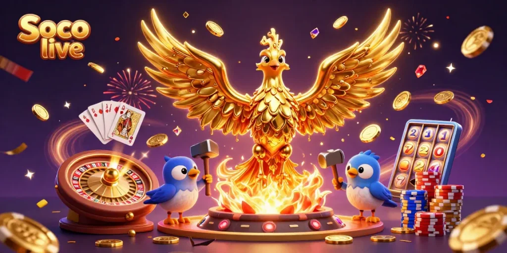 Experience 'Soco live' in this vibrant 3D illustration showcasing golden elements and casino excitement.