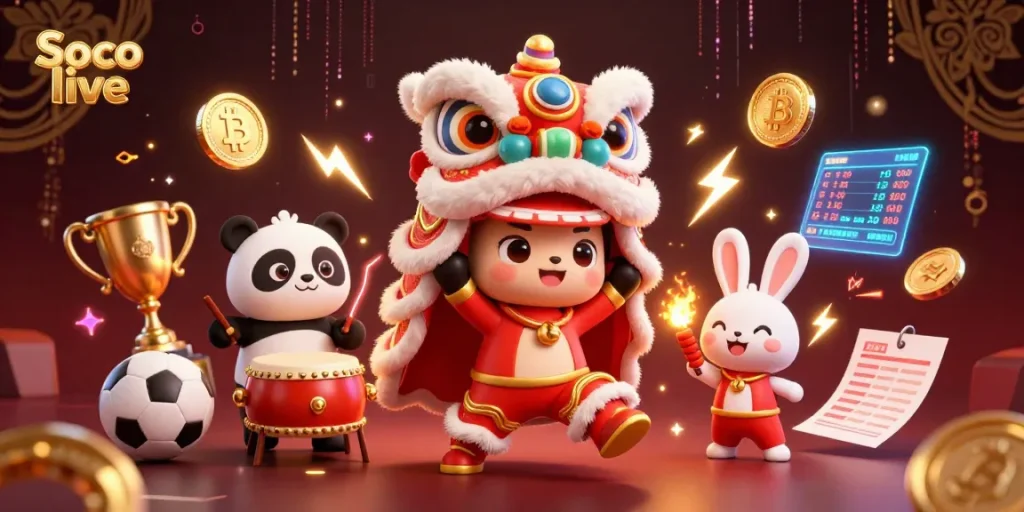 Soco live showcases sports betting excitement with 3D lion dancers, drumming panda, and glowing crypto elements.