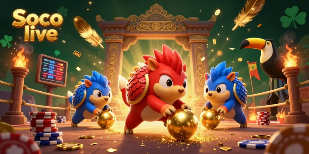 Soco live features rival pangolins in armor bowling through chips, showcasing a vibrant gambling scene.