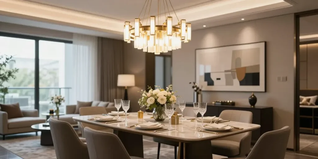 Candelabru modern suspendat într-un dining elegant, iluminând masa cu un decor sofisticat.