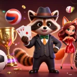 Bet on sports with Rakhoi, featuring raccoon and fox enjoying a thrilling experience with trophies and action.
